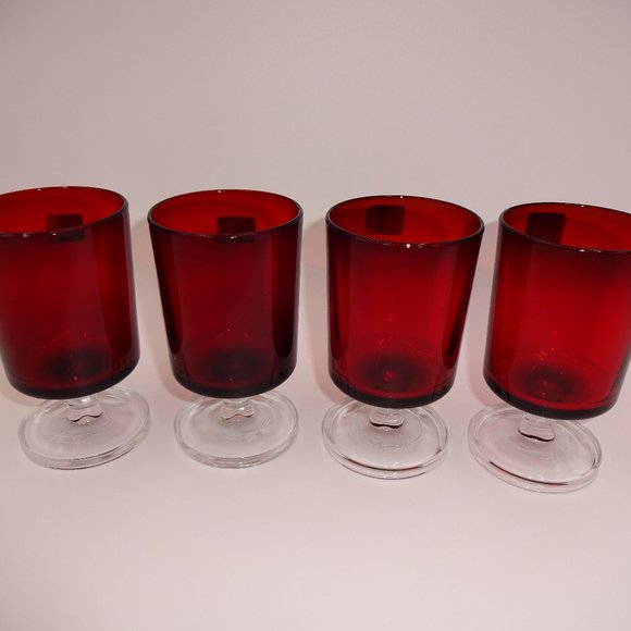 Set of 4 Vintage Ruby Red Clear Glass Arcoroc Footed Cordial Glasses 4" France - Picture 2 of 6